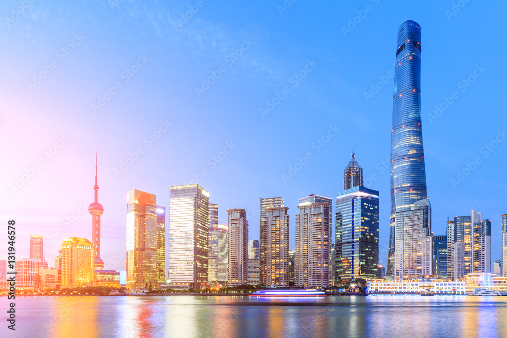 Shanghai skyline on the Huangpu River at sunset,China