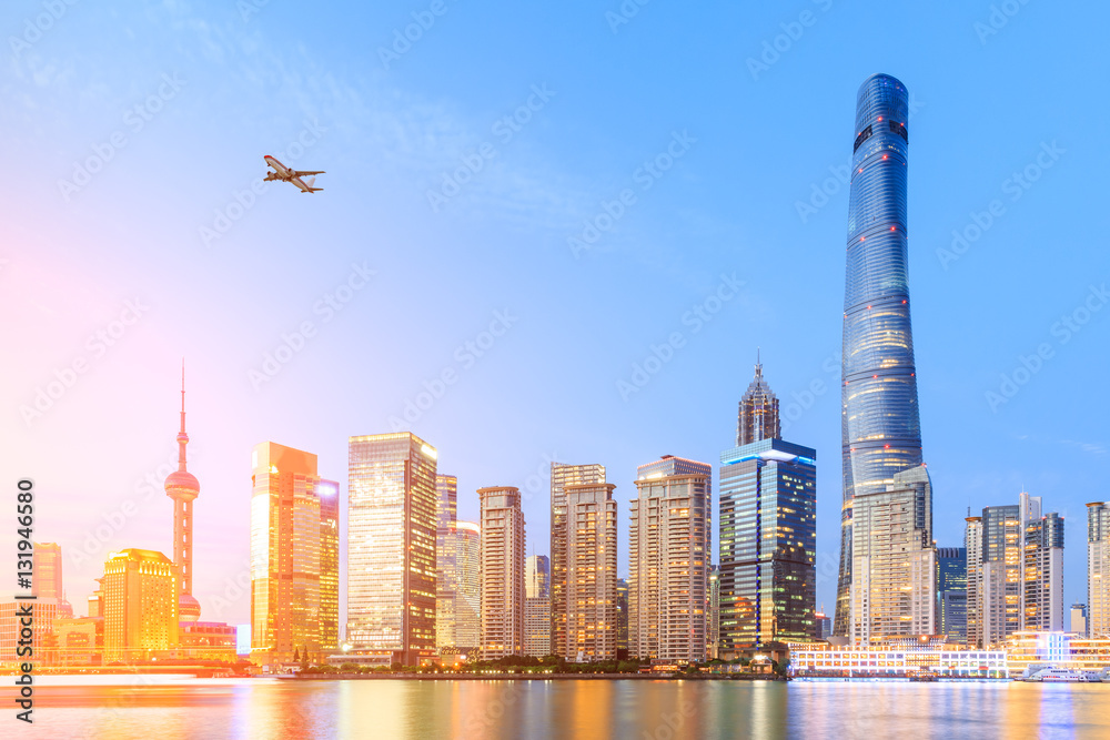 Shanghai skyline on the Huangpu River at sunset,China