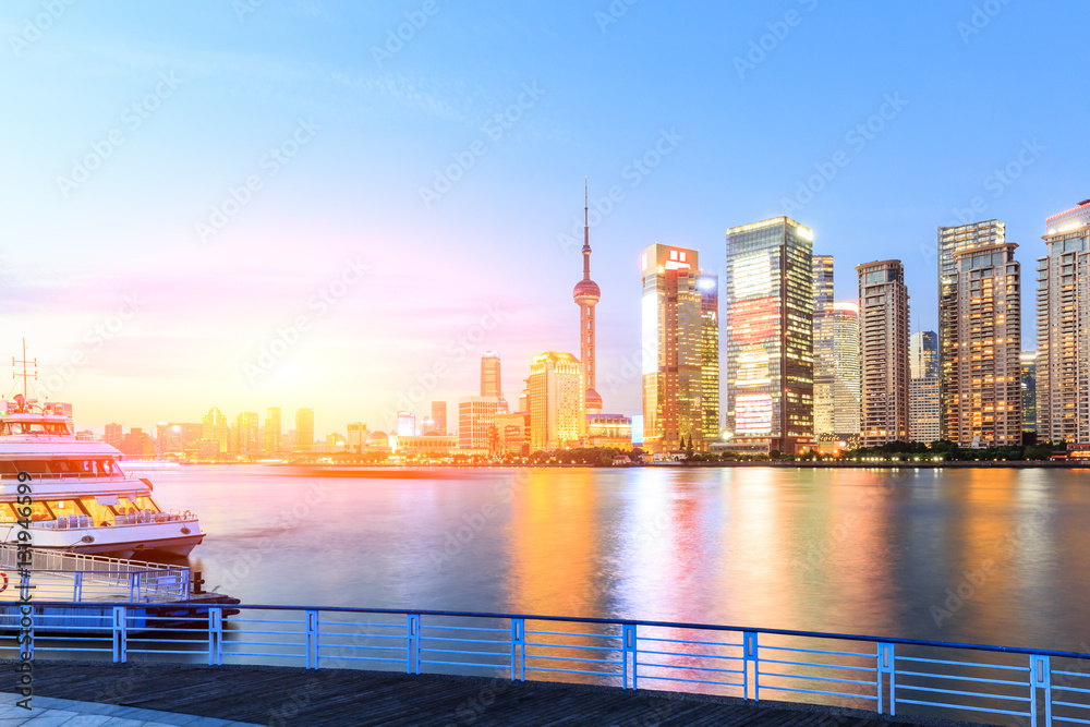 Shanghai skyline on the Huangpu River at sunset,China