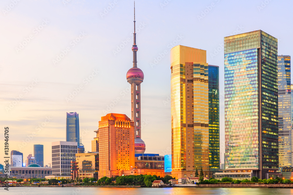 Shanghai skyline on the Huangpu River at sunset,China