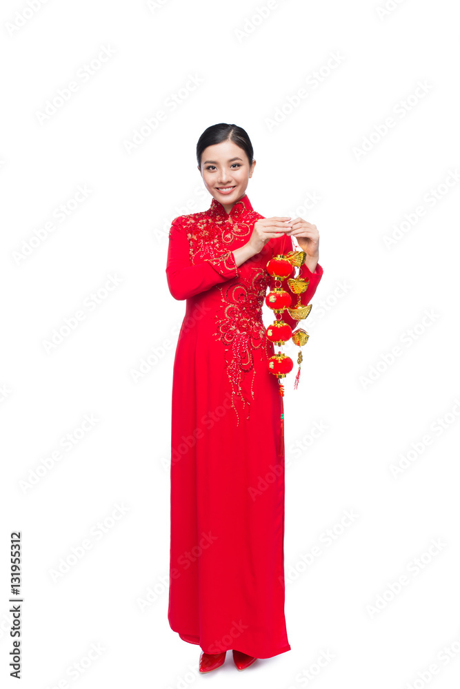 Full length of a beautiful Asian woman on traditional festival c