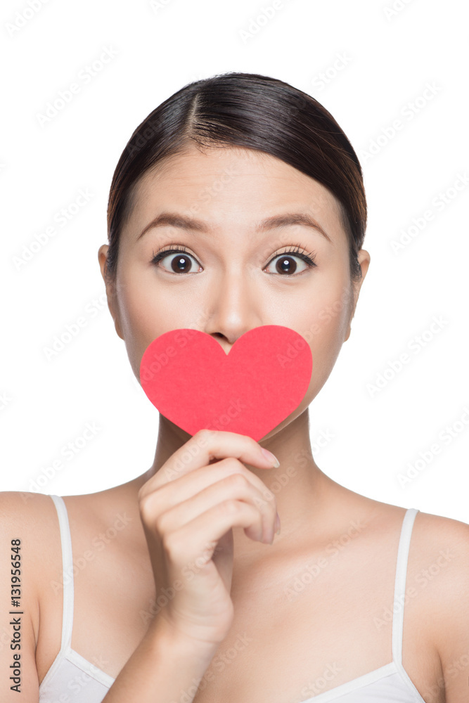 Cute attractive young woman with red heart. Valentines day art