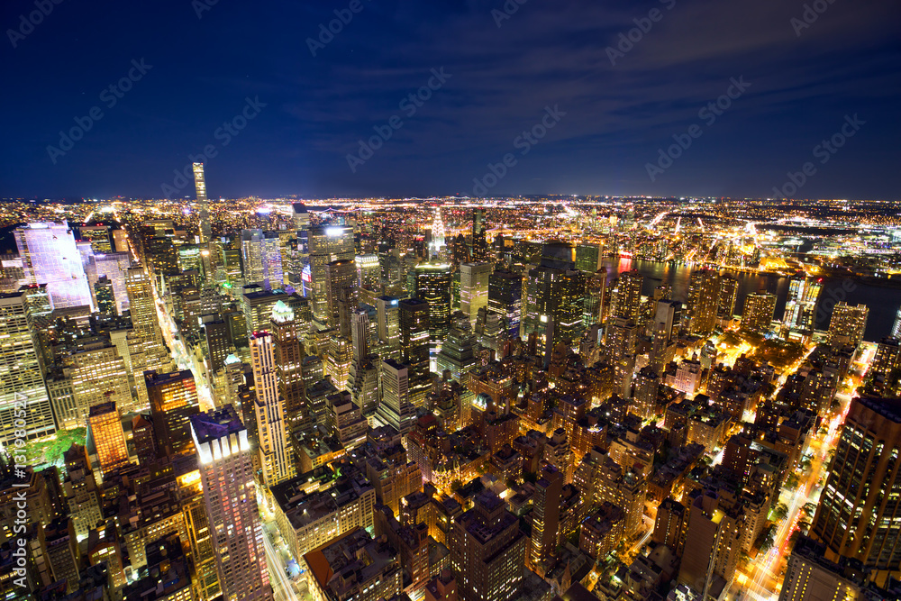 Aerial view of Manhattan New York City at night