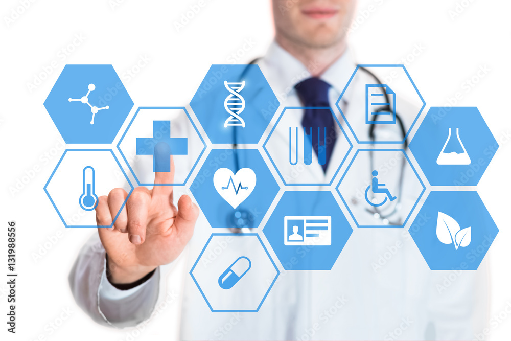 Medical doctor touching virtual interface button of healthcare application