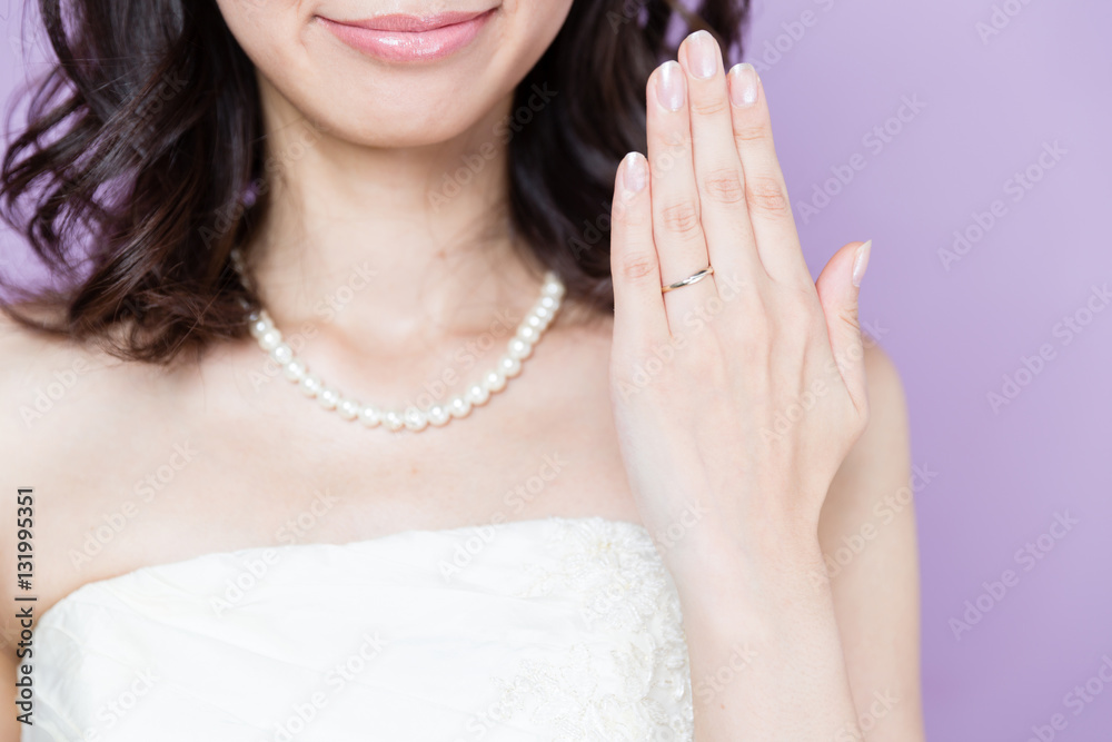 attractive asian woman wedding image on purple background