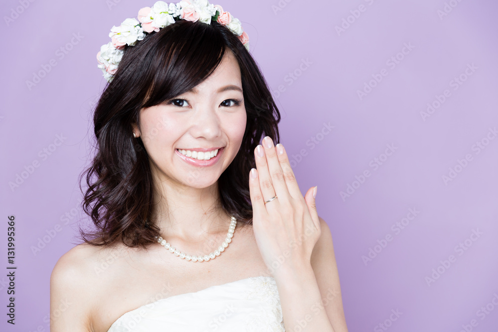 attractive asian woman wedding image on purple background