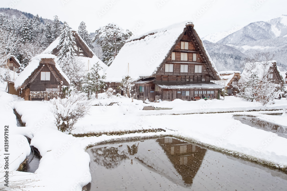 World Heritage Site Shirakawago village with snow in winter