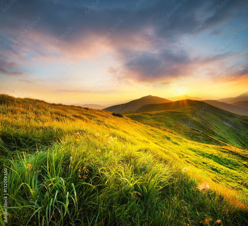 Mountain field during sunset. Beautiful natural landscape