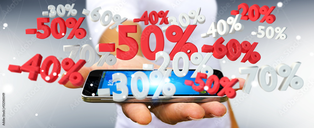 Businessman holding sales icons over phone 3D rendering