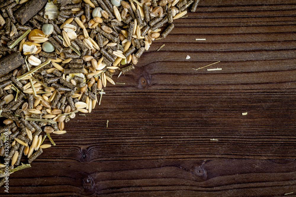 dry food for rodents on dark wooden background top view