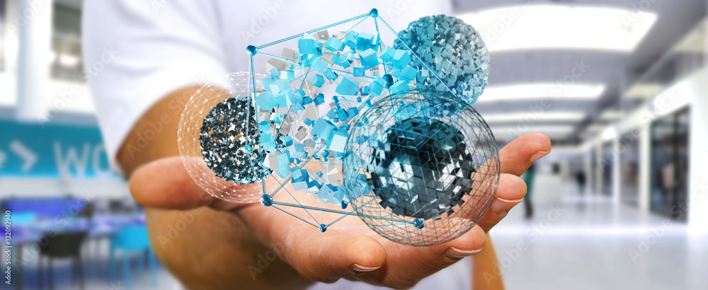 Businessman holding flying abstract sphere with shiny cube 3D re