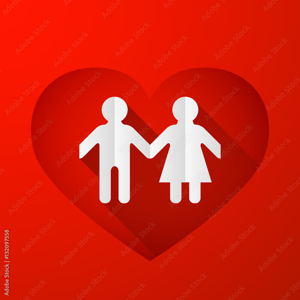 Paper family on red heart background, vector illustration