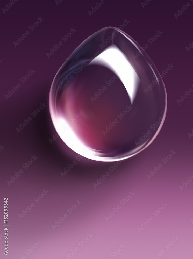 Large drop of liquid, water, dew, oil, rain, beautiful round shape bright glare and shadow on a satu