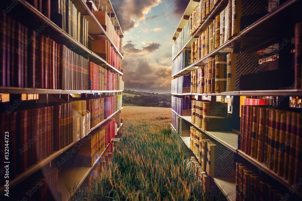 Composite image of close up of a bookshelf 3d