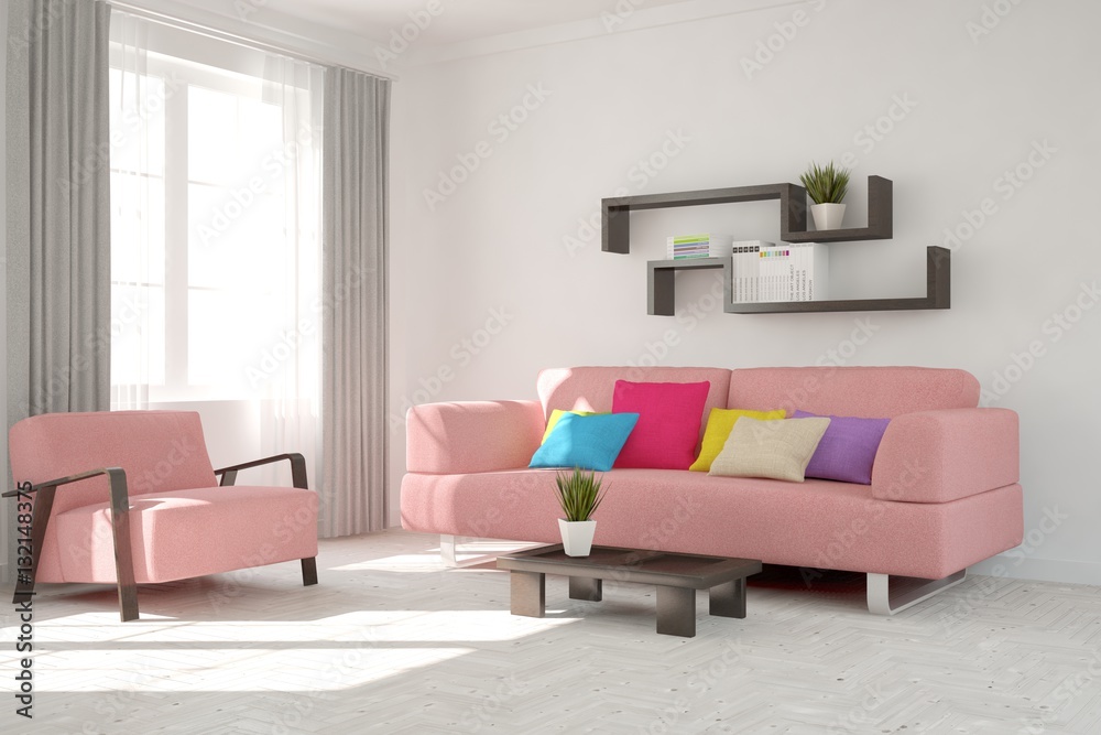 White room with pink sofa. Scandinavian interior design