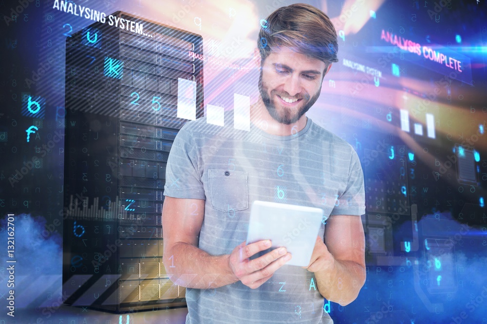 Composite image of smiling young man using digital tablet 3d 