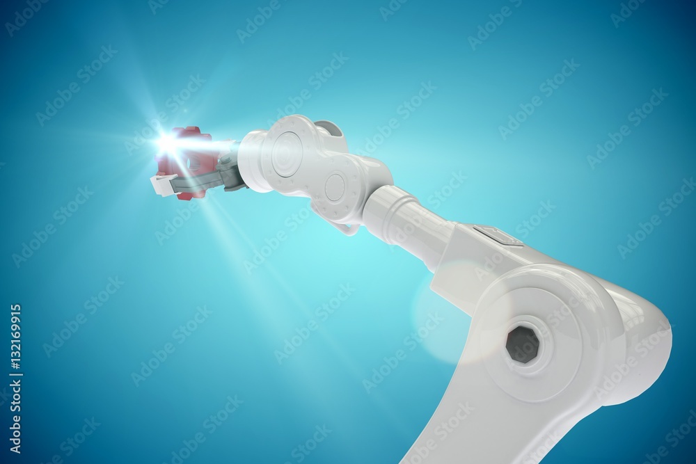 Composite image of cropped image of robotic arm holding gear 3d