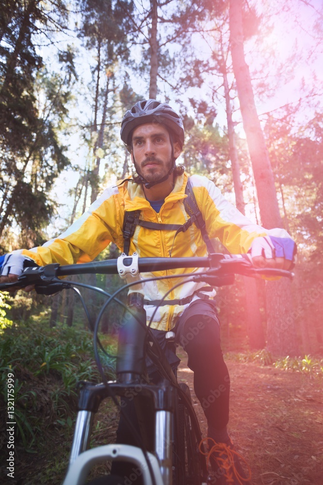 Male biker cycling in countryside