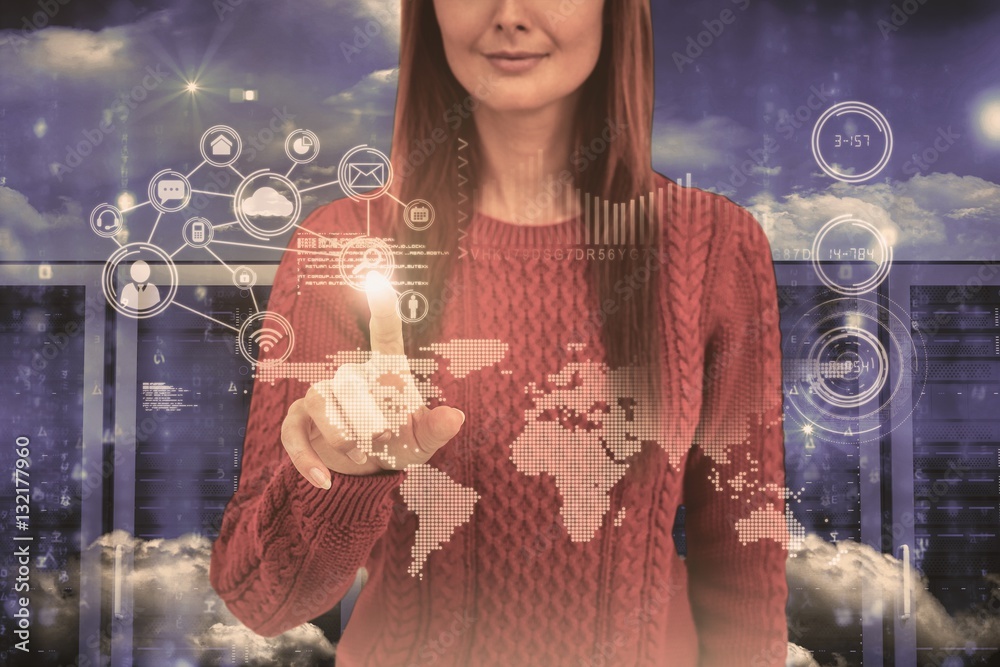 Composite image of smiling hipster woman pointing something