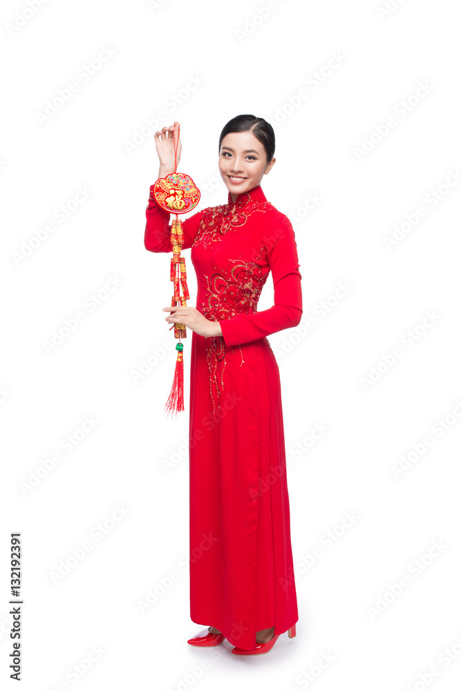 Full length of a beautiful Asian woman on traditional festival custome.