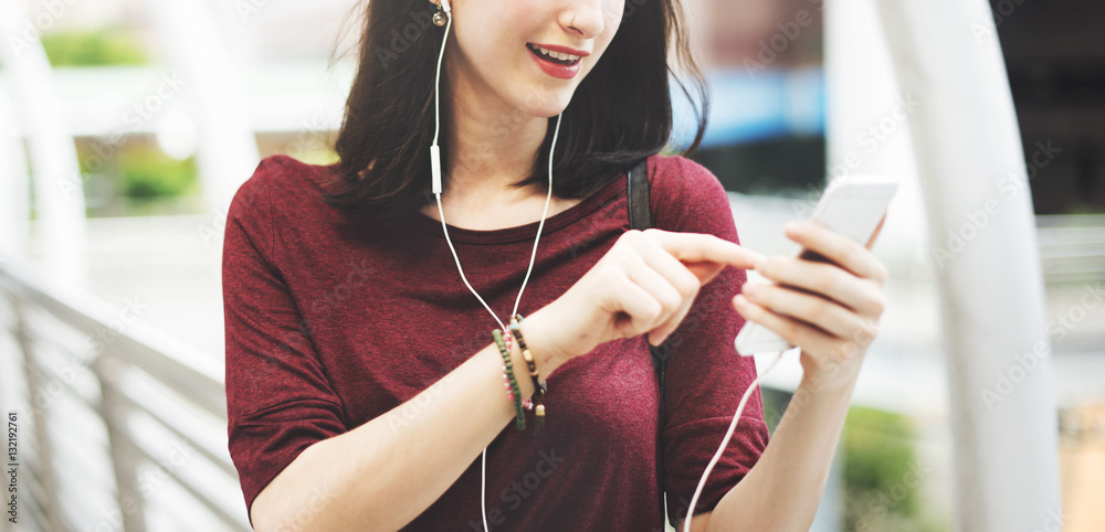 Woman Listening Music Media Entertainment Walking Concept