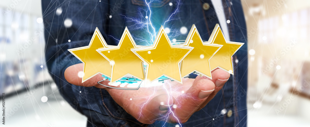 Businessman rating stars with his hand 3D rendering