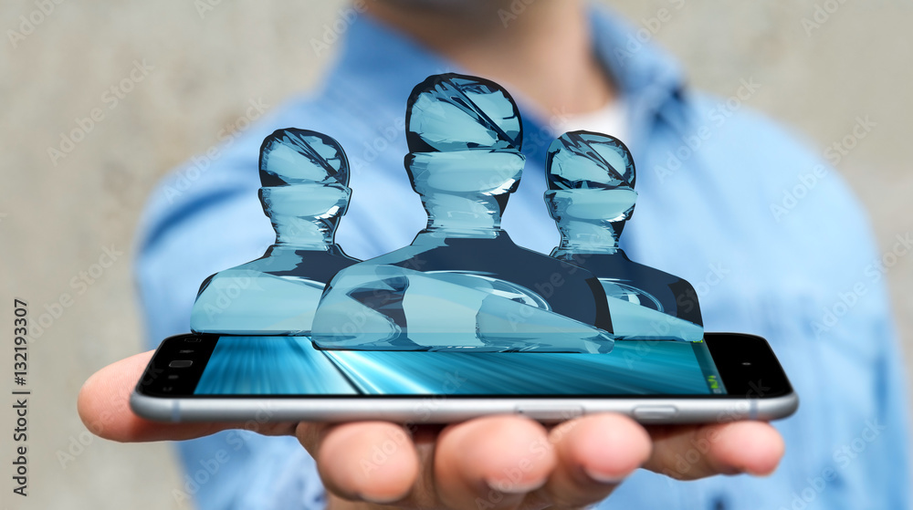 Businessman with shiny glass avatar group over phone 3D renderin