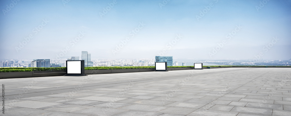 cityscape and skyline of hangzhou new city from brick floor