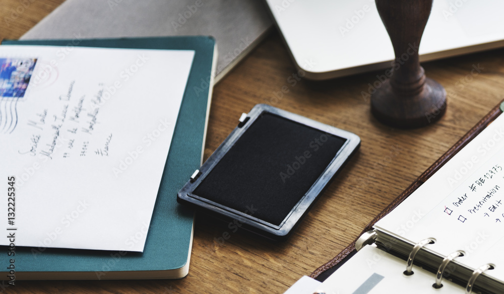 Wooden Table Objects Stationery Concept