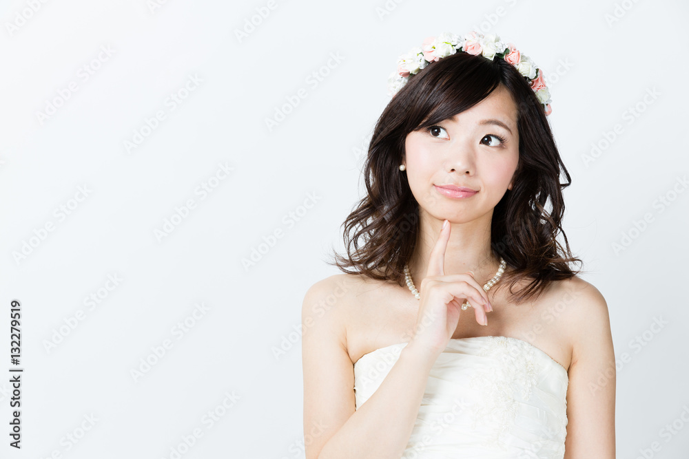 attractive asian woman wedding image on white background