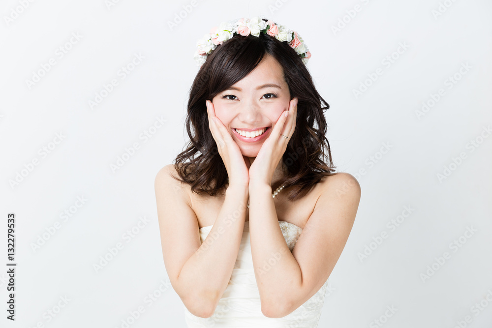 attractive asian woman wedding image on white background