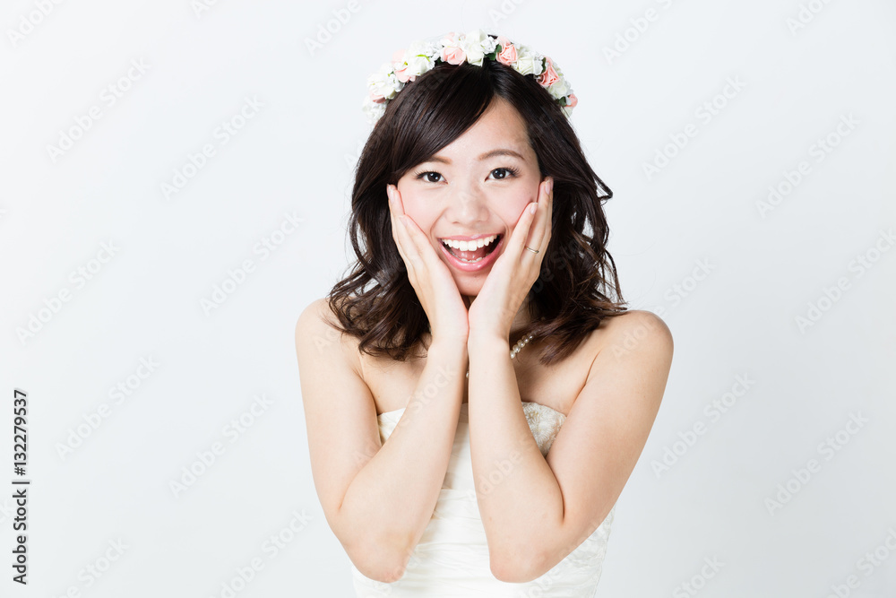 attractive asian woman wedding image on white background