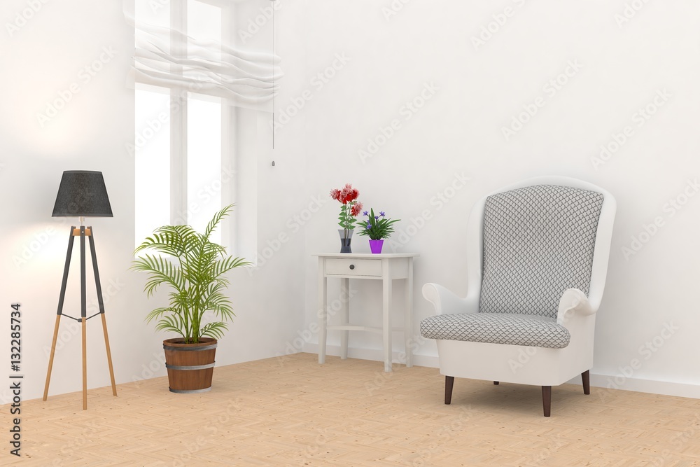 White room with armchair. Scandinavian interior design