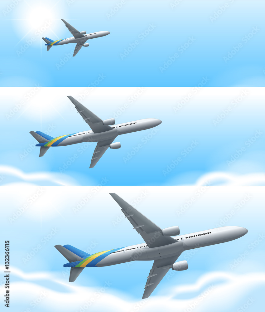 Three scenes of airplane flying in sky