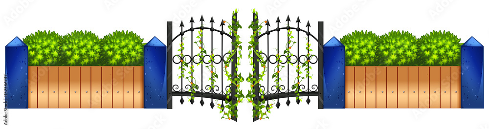 Metal fence and green bush