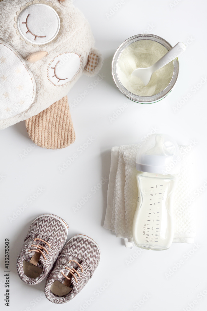 preparation of mixture baby feeding on white background top view