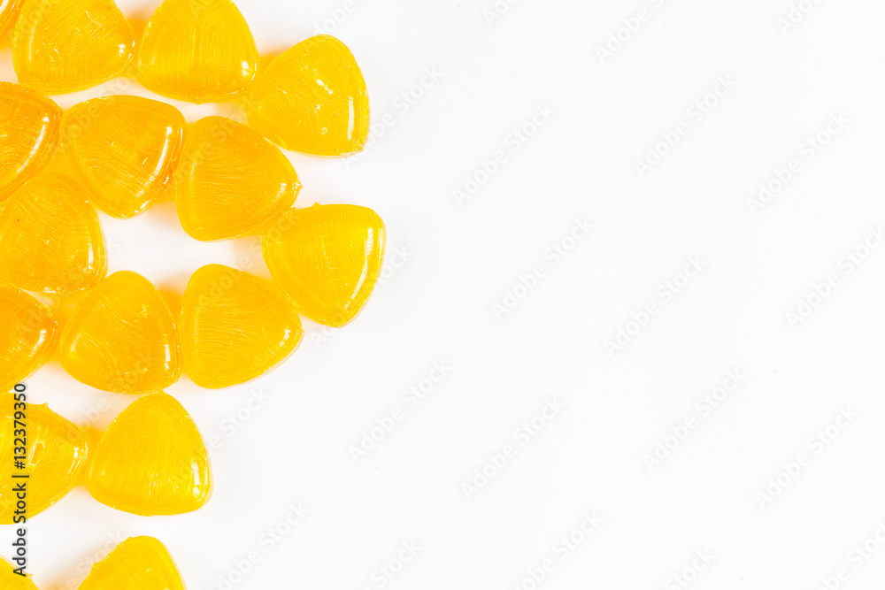 sweets and sugar candies on white background top view