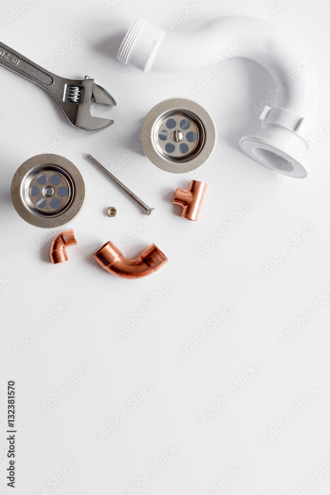 concept plumbing work top view on white background