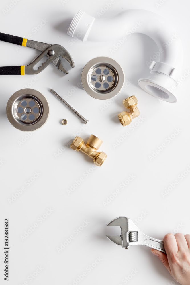 concept plumbing work top view on white background