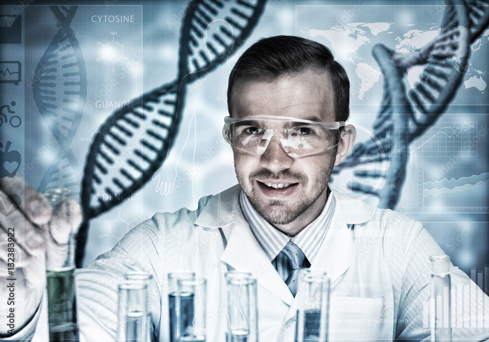 Young scientist mixing reagents in glass flask in clinical laboratory