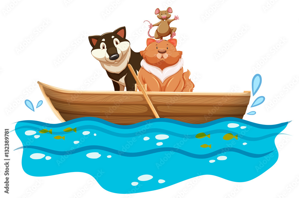 Cat and dog in the rowboat