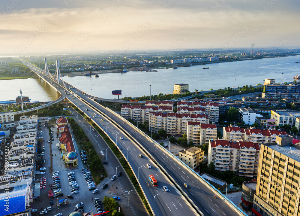 Aerial view of city at dusk