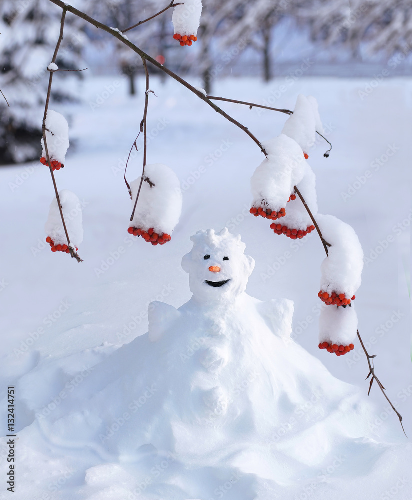 冬天户外快乐的雪人和被雪覆盖的红罗望子树枝特写