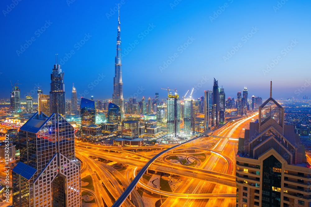 View on modern skyscrapers and busy evening highways in luxury Dubai city,Dubai,United Arab Emirates