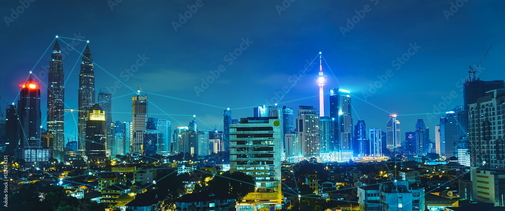 Network and Connection technology concept with city skyline , night scene .