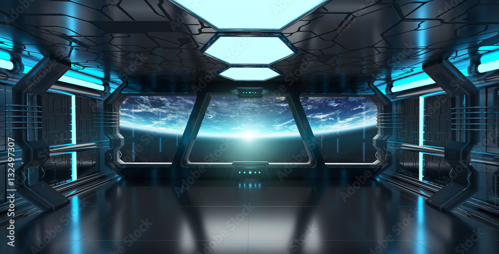 Spaceship interior with view on the planet Earth 3D rendering el