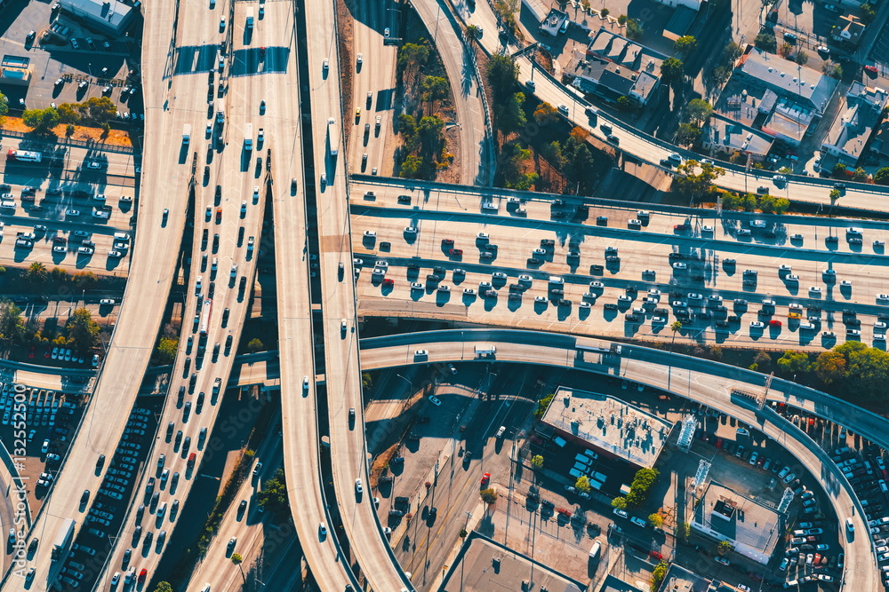 Aerial view of a freeway intersection in Los Angeles