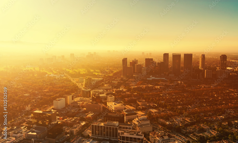 Aerial view of buildings on Wilshire Blvd in LA