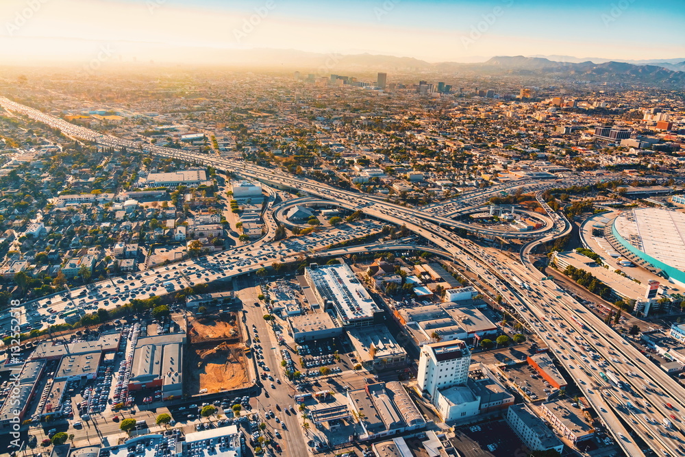 Aerial view of a freeway intersection in Los Angeles