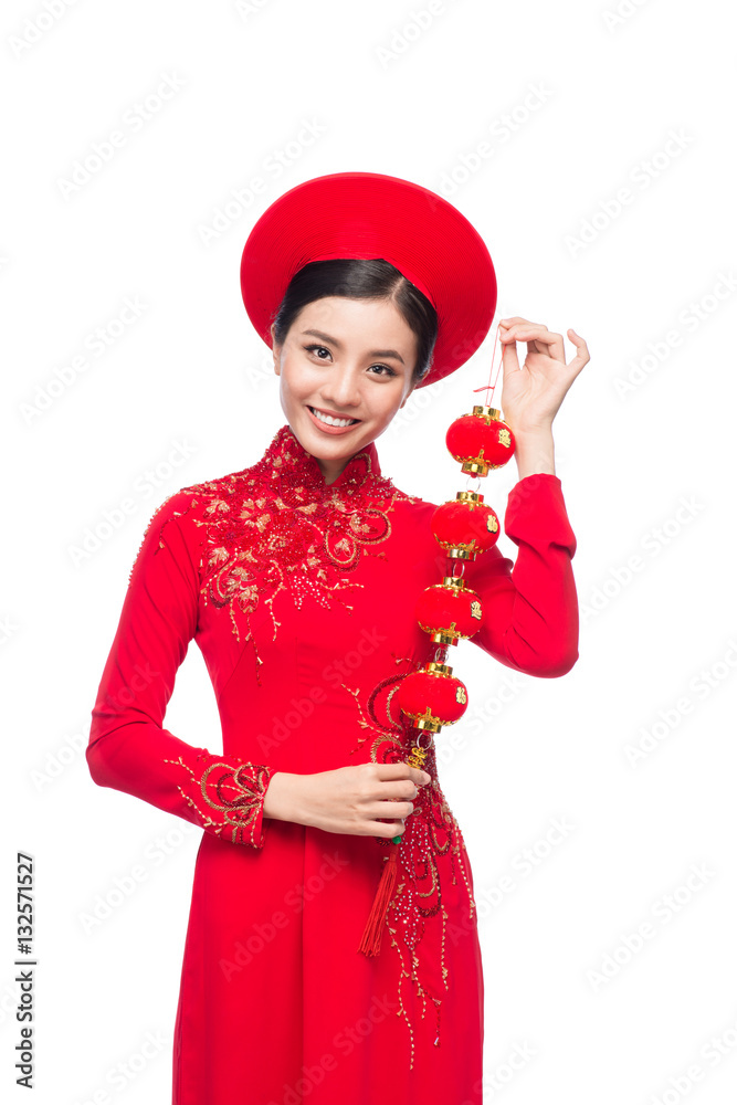 Portrait of a beautiful Asian woman on traditional festival costume.